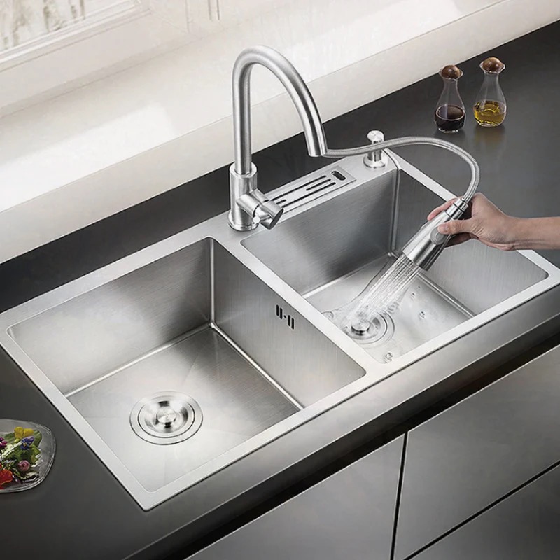 Brushed Silver Double Bowl Handmade Sink